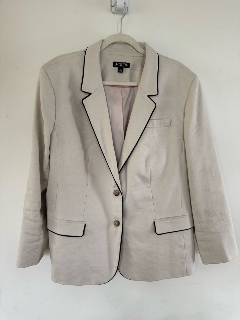 J.Crew Linen Blazer Beige Cream Black Piping Two Button Preppy Size 18